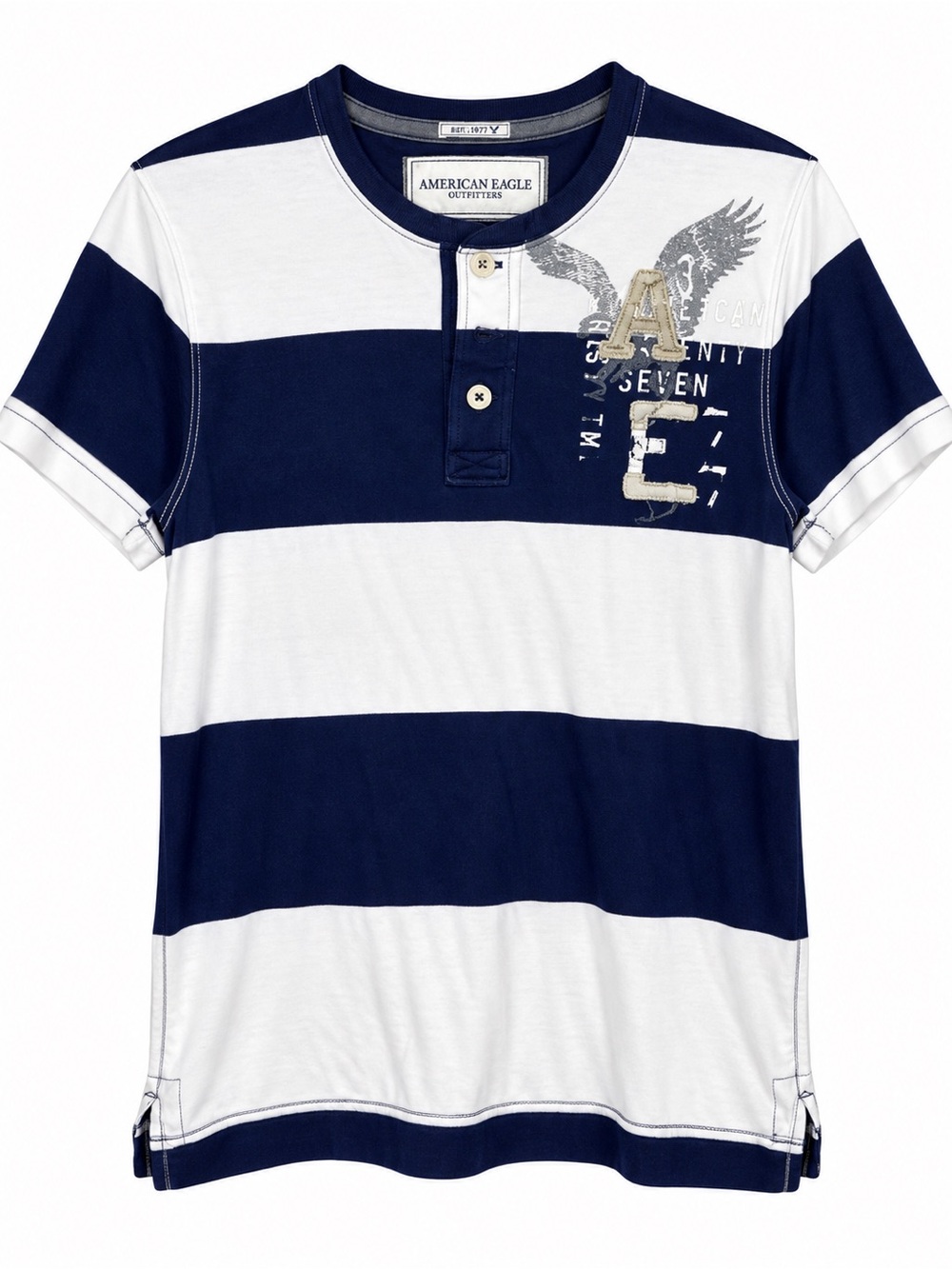 American Eagle Vintage Fit Henley Shirt Mens M Striped Eagle Graphic Cotton